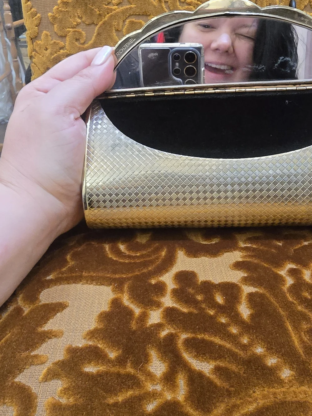 Vintage Gold Metallic Scalloped Evening Clutch with Floral Accent